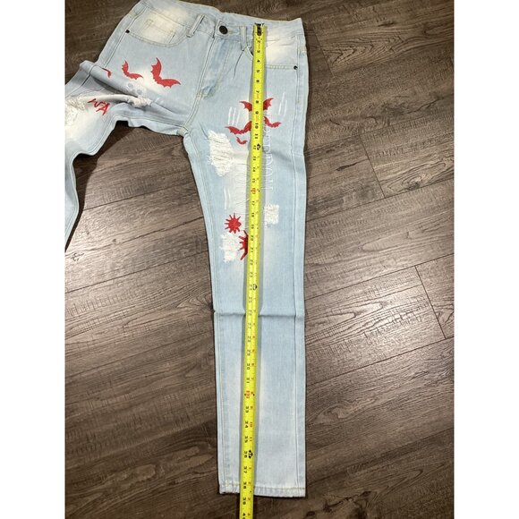 Mens Light Blue Denim Jeans With Red Bat & Skeleton Print Size 28 Streetwear NEW - Picture 8 of 12